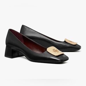 Tory Burch Eleanor Pump Women 6.5M Black Good Gold Logo Square Toe Block Heel
